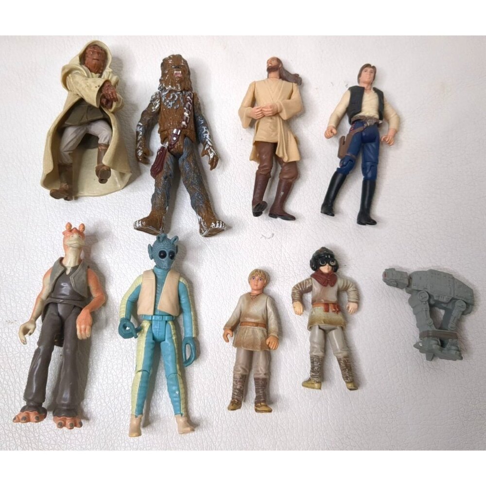Lot Vintage Star Wars Figures Chewy Han Solo Greedo Anakin Qui Gon Nikto Jar Jar